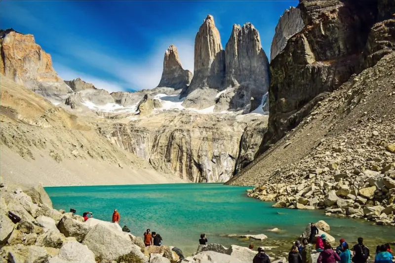 The three Towers of Paine above the glacial lake at the Base Torres viewpoint